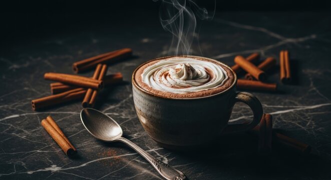 Hot chocolate with whipped cream and cinnamon sticks on dark marble
