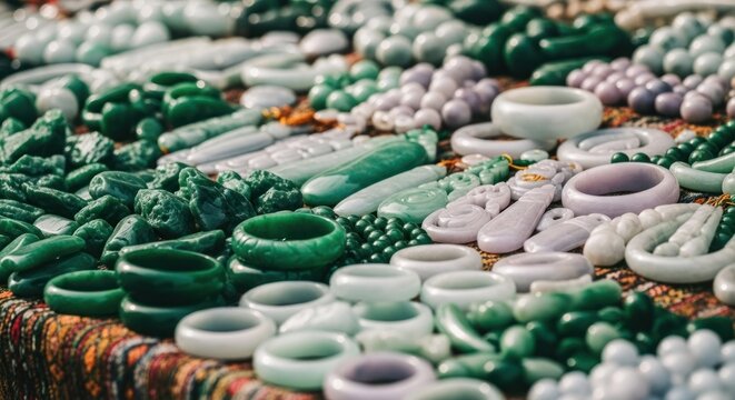 Jade and jadeite jewelry displayed on a market stall