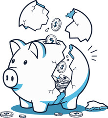 Outline Illustration of Broken Piggy Bank with Falling Coins and Blue Accents