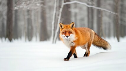 Obraz premium Red Fox Walking Through the Snowy Forest Environment