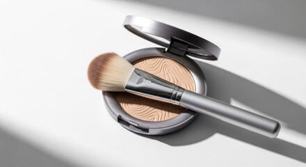 Makeup compact and brush on white background