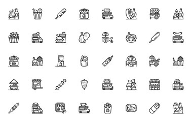 Street Food icon set. Vector illustration of food trck, hot dog, kebab, wrap, orn dog, fries, pretzel, sda and more. Fast food stal and van symbols.