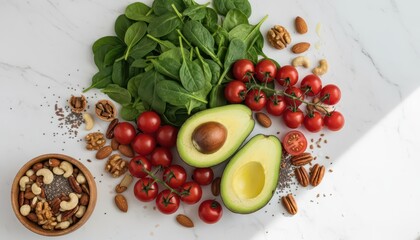 A vibrant overhead shot of fresh, healthy ingredients including spinach, cherry tomatoes, avocados, and a mix of nuts and seeds on a white marble background.