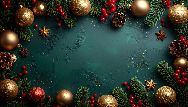 Elegant festive frame with golden ornaments, pine branches, and red berries creates a warm, inviting mood for your holiday design projects this winter