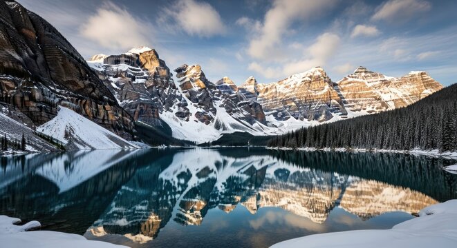 Majestic winter mountains reflected in a serene lake