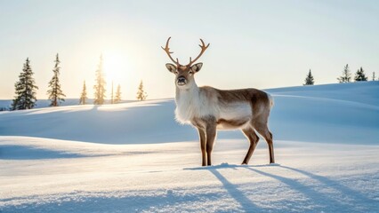 Fototapeta premium Reindeer standing in snow under bright sunlight