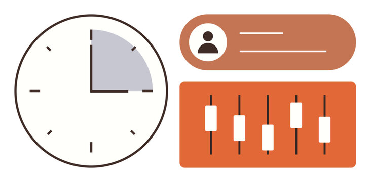 Clock indicating time management, user profile card, and sliders representing customization options. Ideal for productivity, scheduling, dashboard, interface design, optimization, controls simple