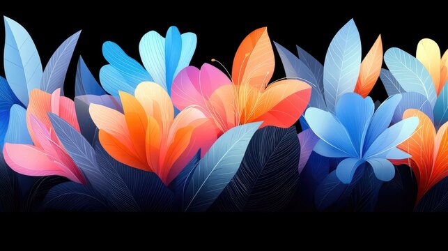 A horizontal composition of stylized flowers and leaves in bright shades of blue, pink, and orange, set against a dark background. - Powered by Adobe