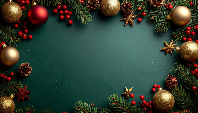 Elegant Christmas holiday template perfect for your festive greetings: golden ornaments, pine cones, and holly berries create a joyful seasonal design