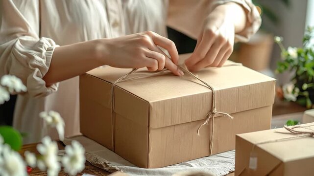 Woman Carefully Tying a String Bow on a Rustic Gift Box.