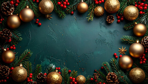 Festive Christmas decorations with gold ornaments, pine branches, and berries, perfect for holiday marketing or elegant seasonal designs and greetings