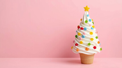 Whimsical ice cream cone shaped like a Christmas tree, adorned with colorful candies and a star, set against a soft pink background