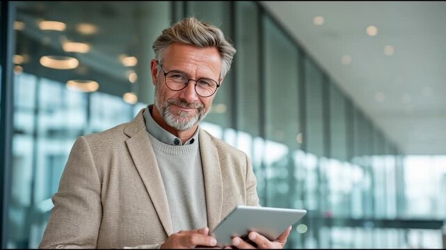 A mature professional man smiles while using a tablet in a modern office environment, reflecting productivity and technology.