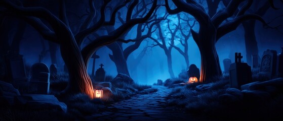 Dark Halloween Night in a Spooky Graveyard Forest with Glowing Jack-o'-Lanterns