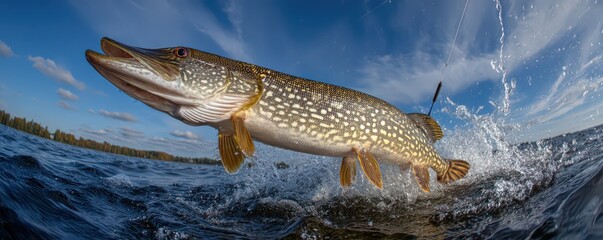 Dynamic pike leaping from water with fishing rod, capturing exciting fishing adventure and nature's vibrant energy