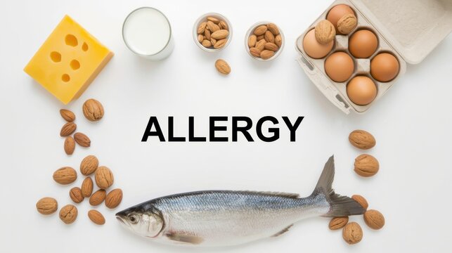 Fresh fish, cheese, milk, eggs, and almonds arranged artistically on a white background, highlighting common food allergy triggers for awareness
