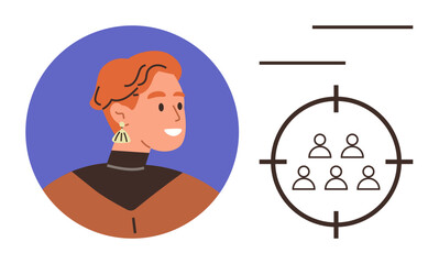 Smiling woman profile next to a target icon with a group of figures in the crosshairs. Ideal for business strategy, team focus, segmentation, personalization, leadership, decision-making, simple flat