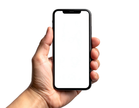 Hand holding a modern smartphone with a blank screen