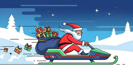 Cartoon Santa Claus riding a futuristic snowmobile with a sack full of gifts in a snowy winter landscape at night.
