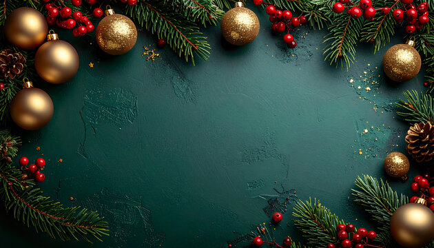 Festive Christmas cheer with golden ornaments, pine branches, and red berries creating a warm, inviting holiday atmosphere for seasonal designs