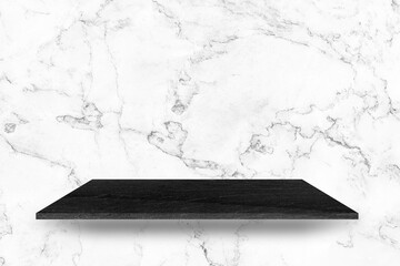 black stone shelf at white marble wall background
