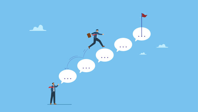 Businessman jump on speech bubble advice to success. Advice or effective feedback to motivate to success, comment, opinion for career improvement, help or communication to support employee.