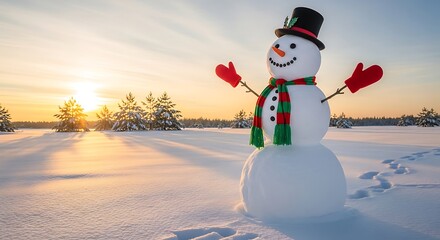 Obraz premium Snowman stands cheerfully in a snowy field at sunrise.