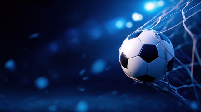 Soccer Ball in Goal Net with Bright Blue Stadium Lights at Night