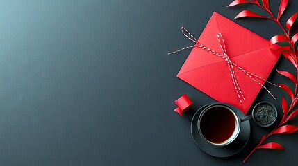 A flat lay composition featuring a red envelope, a cup of tea, dried tea leaves, and red decorative foliage on a dark surface.