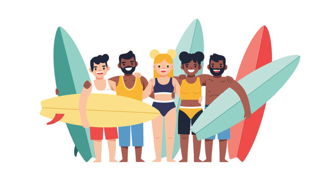 Group Of Surfers, Posing For Photo, Beach Ready And Full Of Energy