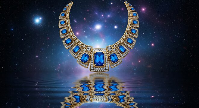 Glimmering gold necklace with blue gems floats in space. - Powered by Adobe