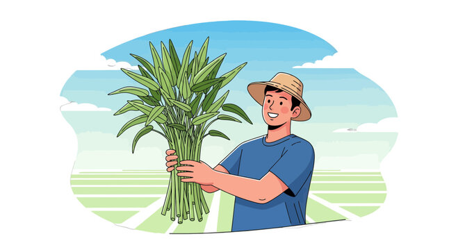 Happy Farmer Presenting Fresh Vegetables Harvested From Field In Pleasant Illustration