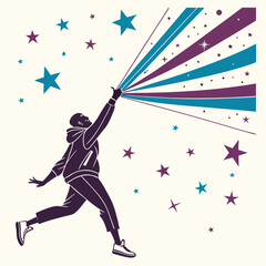 Person Reaching for Colorful Streaks and Stars Keywords: man, reaching, hand, stars, streaks