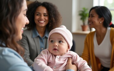 Motherhood support group meeting with new mom and baby at a diverse women gathering event today show. High quality