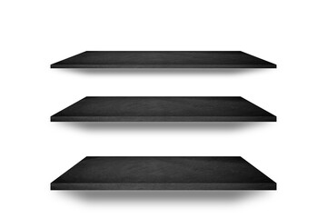  black stone shelves on white marble background.