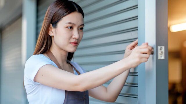 Young Asian Female Small Business Owner Closing Roller Shutter Door.