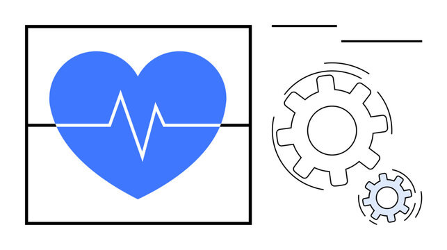 Blue heart with heartbeat monitor line next to gears implying collaboration between health and mechanism. Ideal for healthcare, technology, wellness, innovation, teamwork, health-tech, healthy