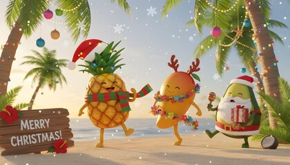 Animated tropical Christmas scene with a pineapple wearing a Santa hat and scarf, a mango with reindeer antlers, and an avocado dressed as Santa on a beach with palm trees.