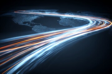 Glowing ribbons float across the world map like digital energy wind paths.