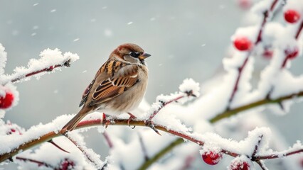 Sparrow bird perched on snow covered rosehip branch