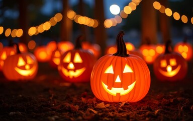 Glowing pumpkin festival celebration autumn park halloween event outdoor nighttime community spirit. High quality