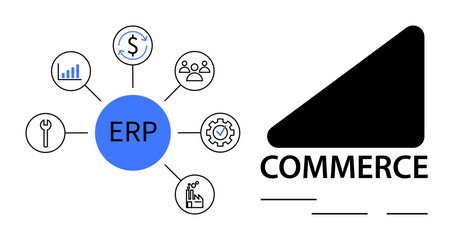 ERP hub connects finance, analytics, HR, tools, and automation icons linking to e-commerce triangle. Ideal for business management, automation, e-commerce, planning integration synergy scalable