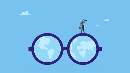 Businessman look through telescope on eyeglasses with world map. Global or world business vision, international business opportunity, searching for job, career or working abroad.