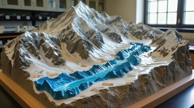 Topography Model Display: A detailed and educational model showcases a cross-section of mountain topography, highlighting the interplay of landforms, glaciers, and bodies of water.