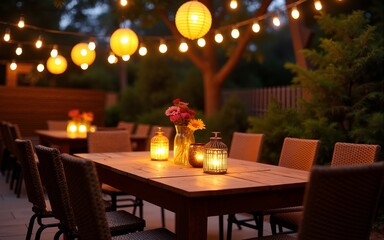A beautifully lit outdoor dining area with hanging lanterns creating a warm, inviting atmosphere, perfect for evening gatherings and celebrations with friends or family. High quality