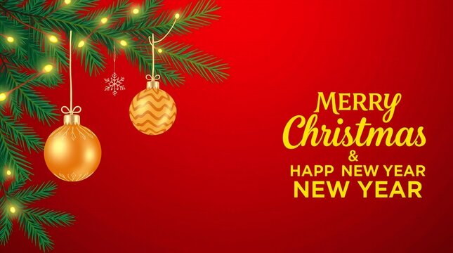 Festive christmas tree branches with golden ornaments and lights on red background