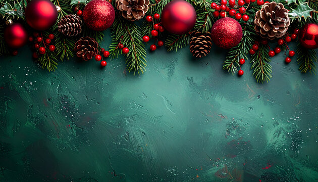 Festive Christmas ornaments and pine cones arranged on a dark green textured surface, perfect for holiday greetings, invitations, or winter promotions