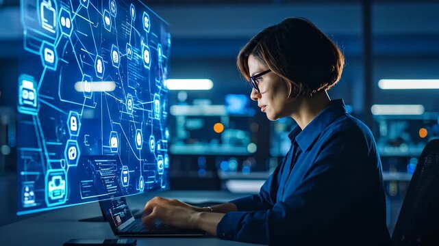 Cybersecurity Professional Analyzing Data on a Computer Screen in a Dark Room.