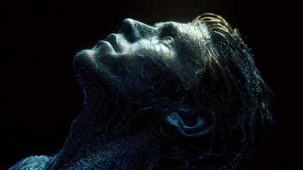 Futuristic Human Face Looking Up with Glowing Digital Skin