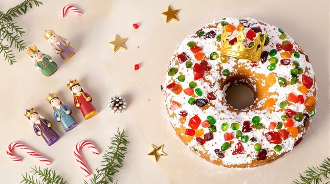 Rosca de reyes with three wise men figurines and holiday decorations